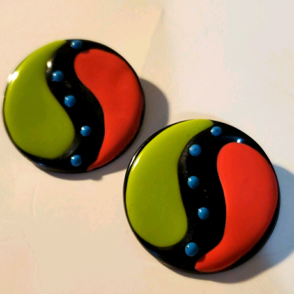Big Bright Orange Black Green Blue Ying Yang Post Pierced Stud Earrings